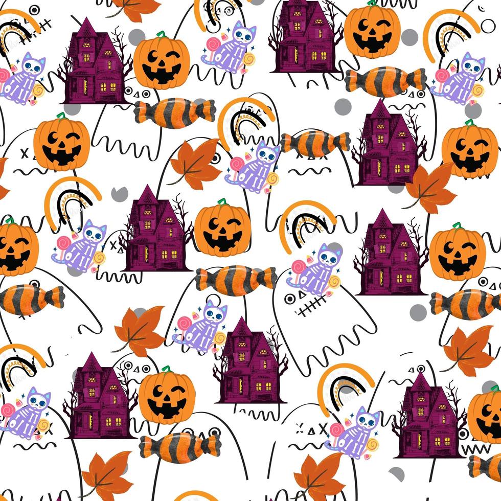 Ghost Spiderweb Black skull Pumpkin Bat Spider candies Horror Happy Halloween Pattern Background photo