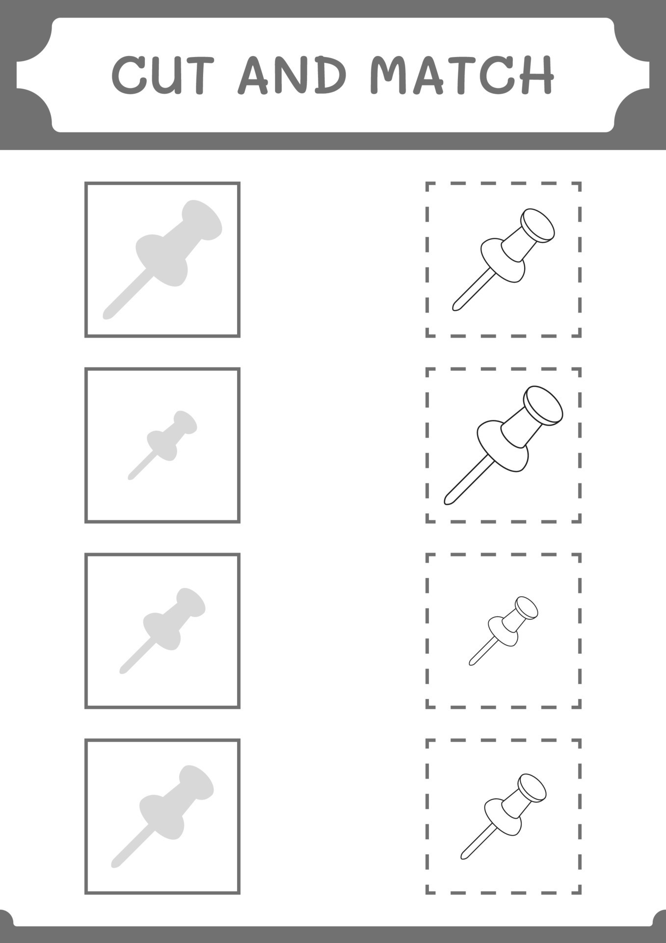 Cut and match parts of Push pin, game for children. Vector illustration, printable worksheet
