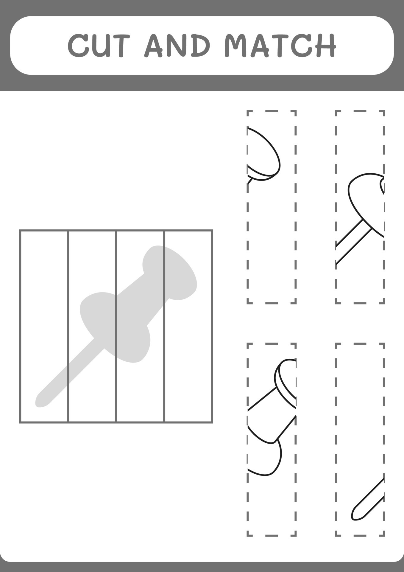 Cut and match parts of Push pin, game for children. Vector illustration, printable worksheet