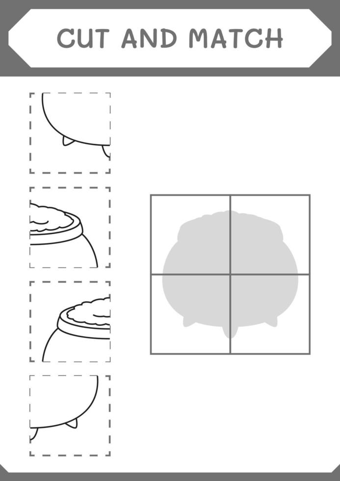 Cut and match parts of Cauldron, game for children. Vector illustration, printable worksheet
