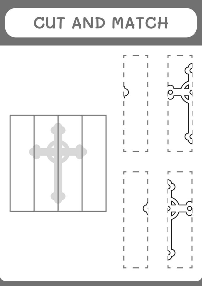Cut and match parts of Christian cross, game for children. Vector illustration, printable worksheet