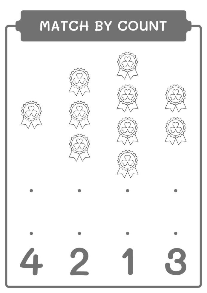 Match by count of Clover badge, game for children. Vector illustration, printable worksheet