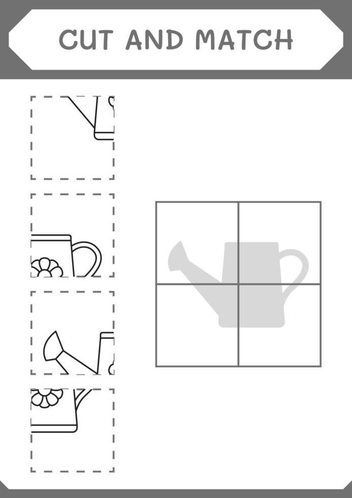 Cut and match parts of Watering can, game for children. Vector illustration, printable worksheet