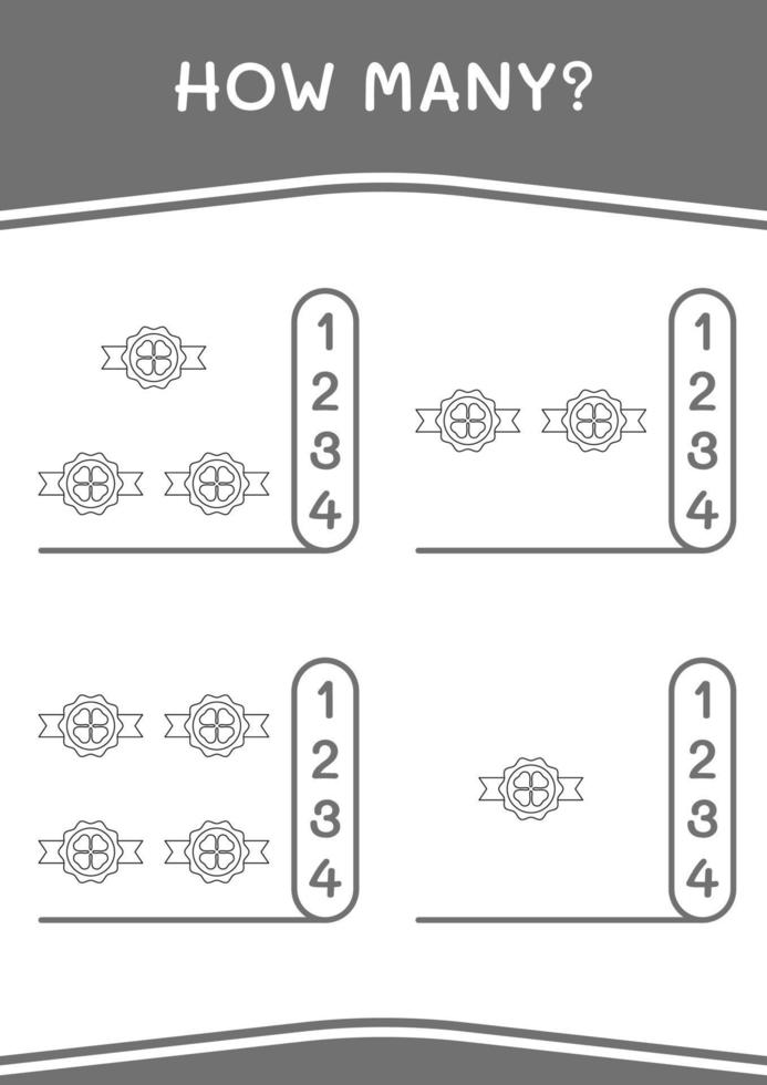 How many of Clover badge, game for children. Vector illustration, printable worksheet