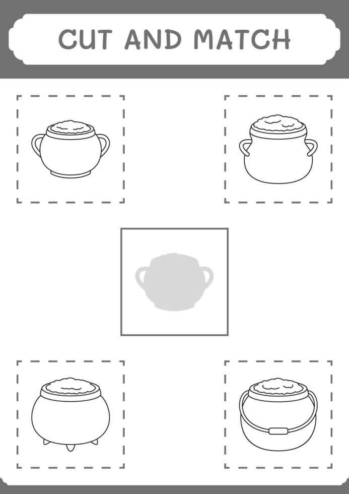 Cut and match parts of Cauldron, game for children. Vector illustration, printable worksheet