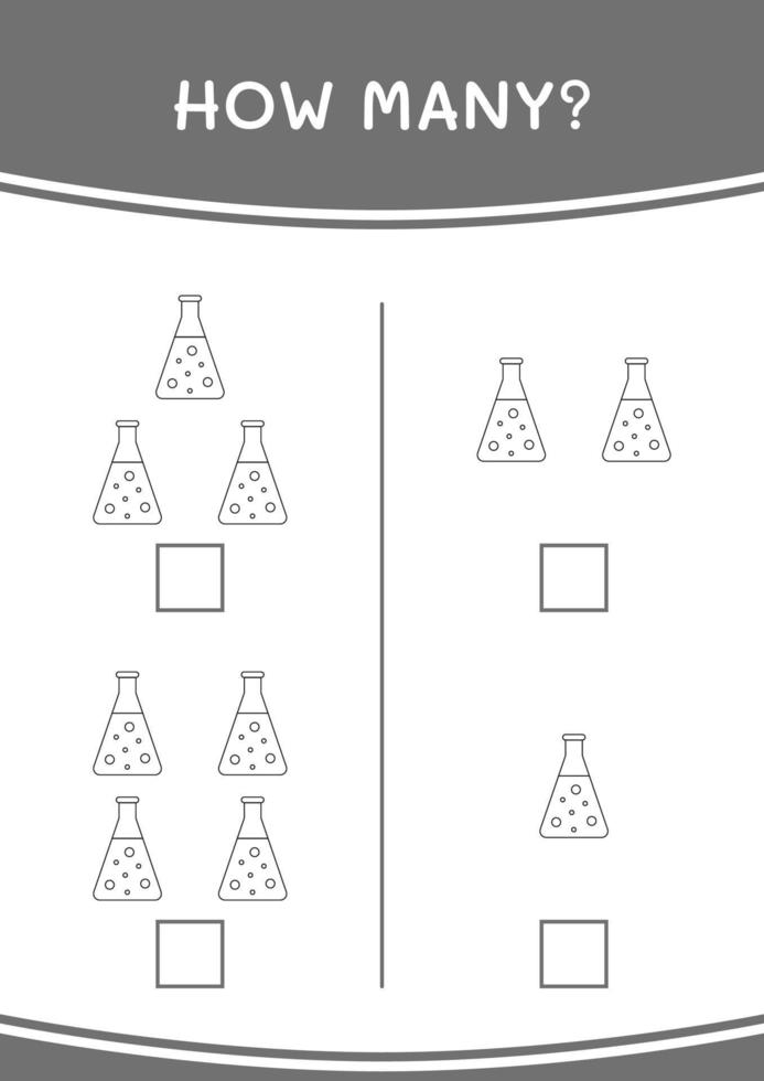 How many of Chemistry flask, game for children. Vector illustration, printable worksheet