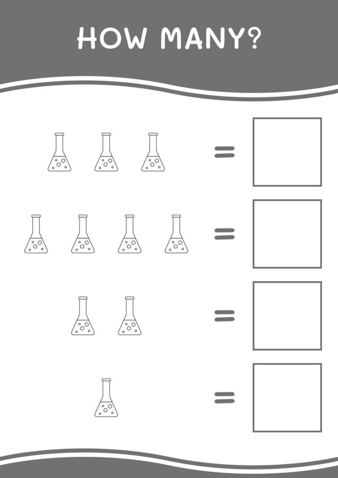 cuántos de matraz de química, juego para niños. ilustración vectorial, hoja de cálculo imprimible vector