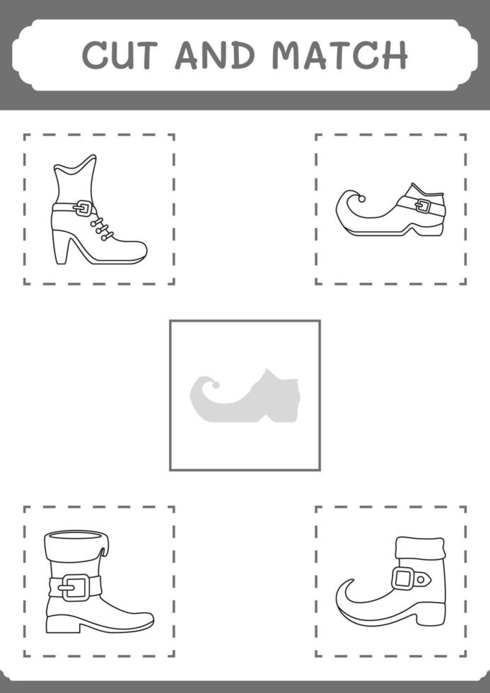 cortar y combinar partes de la bota de duende, juego para niños. ilustración vectorial, hoja de cálculo imprimible vector