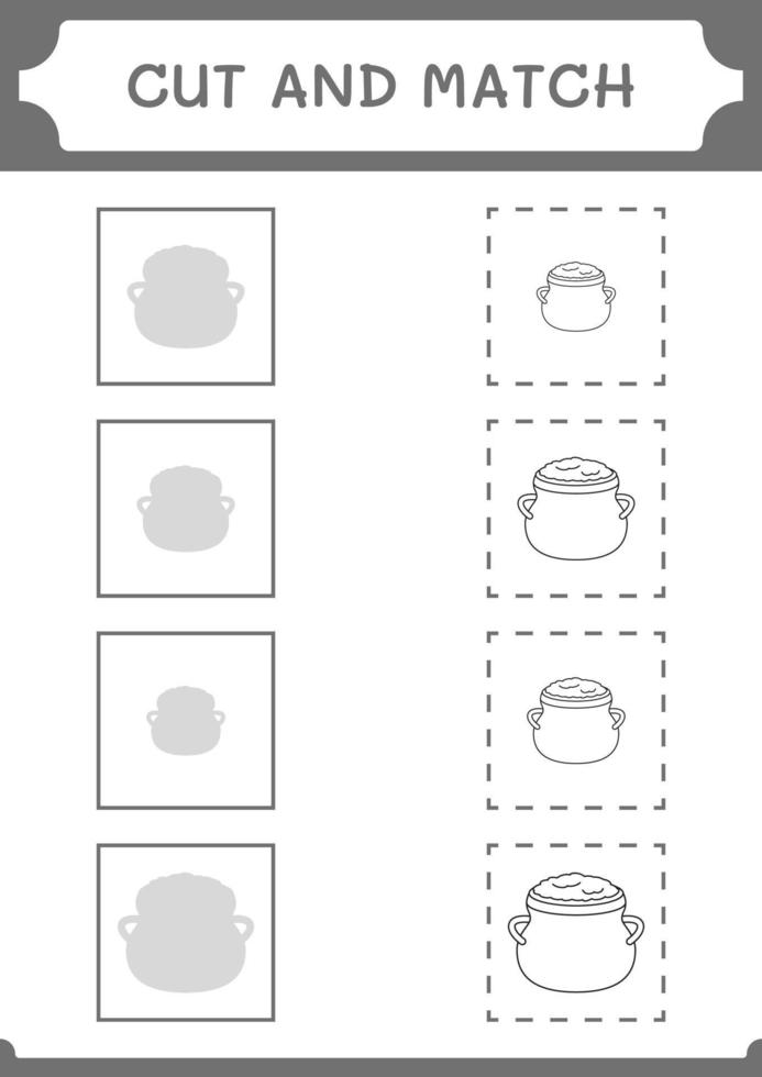 Cut and match parts of Cauldron, game for children. Vector illustration, printable worksheet