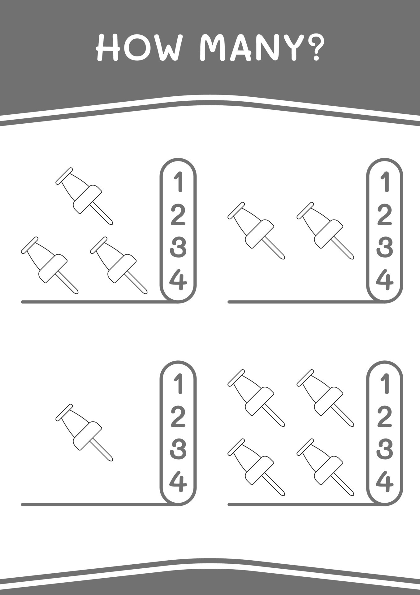 How many of Push pin, game for children. Vector illustration, printable