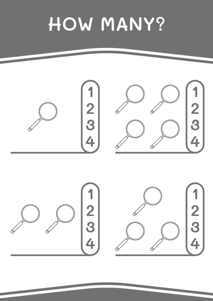 How many of Magnifying glass, game for children. Vector illustration, printable worksheet