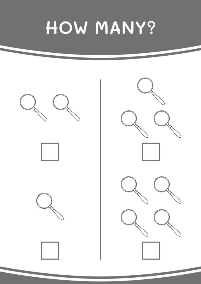 How many of Magnifying glass, game for children. Vector illustration, printable worksheet