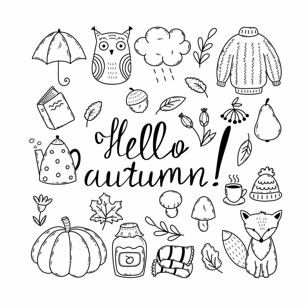 Set of autumn elements. Lettering hello autumn.Vector doodle illustration. Contour drawing. Fall. vector