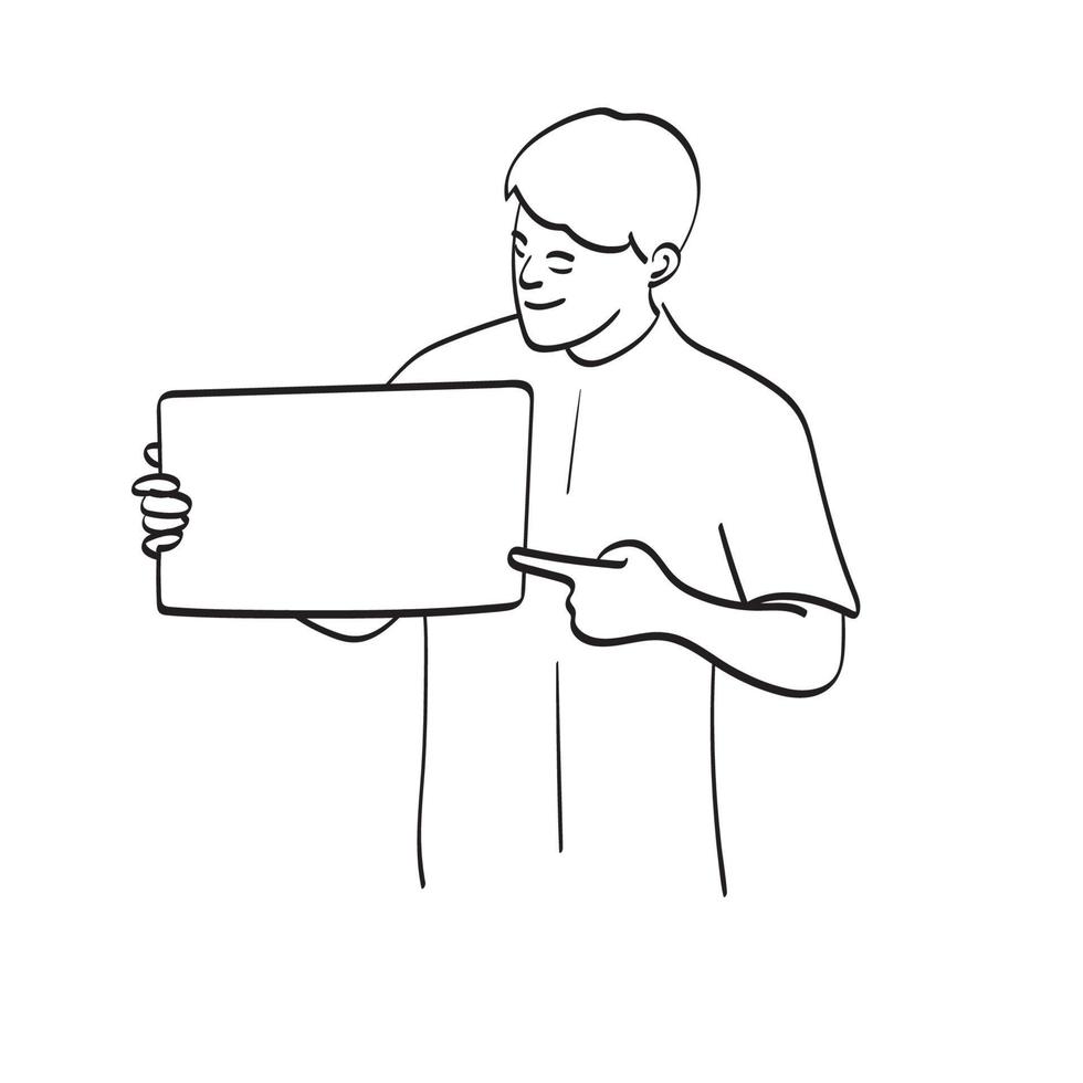 hombre apuntando a la hoja de papel en blanco ilustración vector dibujado a mano aislado en el arte de línea de fondo blanco.