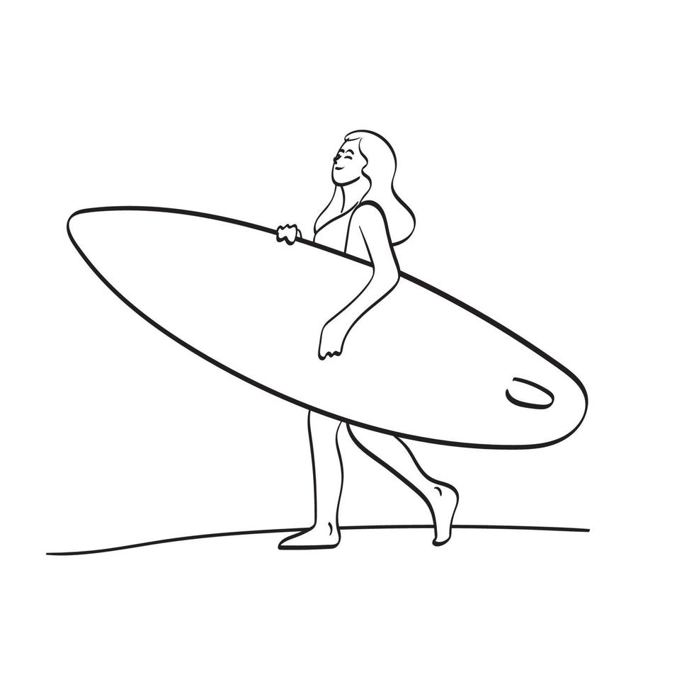 mujer en traje de baño sosteniendo tabla de surf y caminando en la playa ilustración vectorial dibujada a mano aislada en el arte de línea de fondo blanco. vector