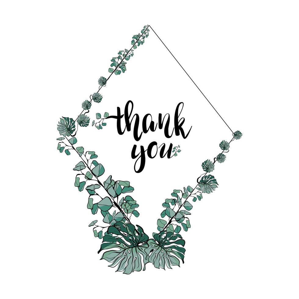 Botanical frame with eucalyptus branches and monstera leaves, and text thank you vector