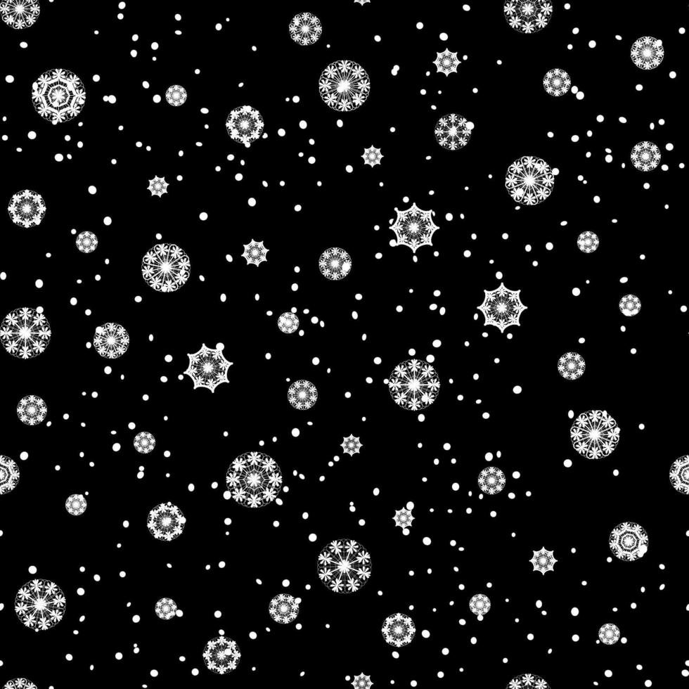 Seamless winter pattern with white snowflakes and snow on a black background vector