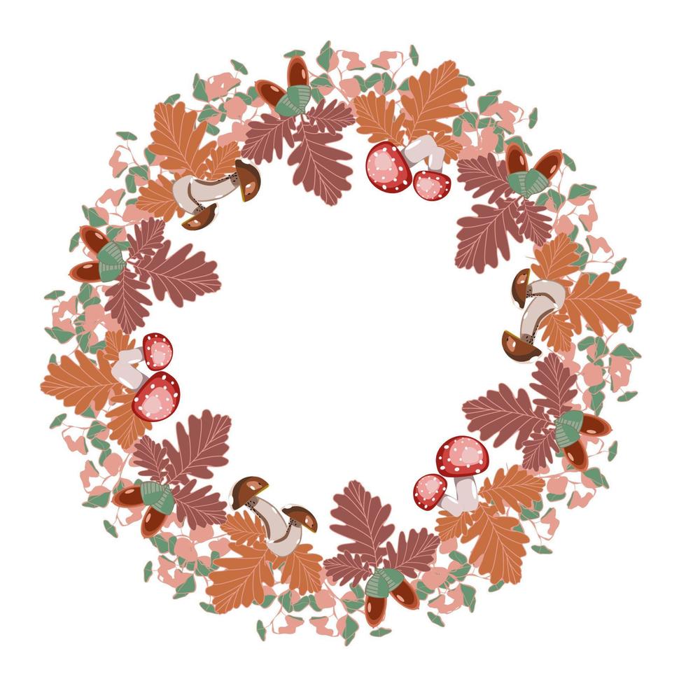 Thanksgiving decorative wreath with oak leaves, acorns, eucalyptus branches and mushrooms vector