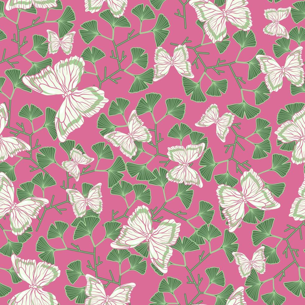 Seamless botanical pattern with butterflies and ginkgo biloba leaves on a pink background vector