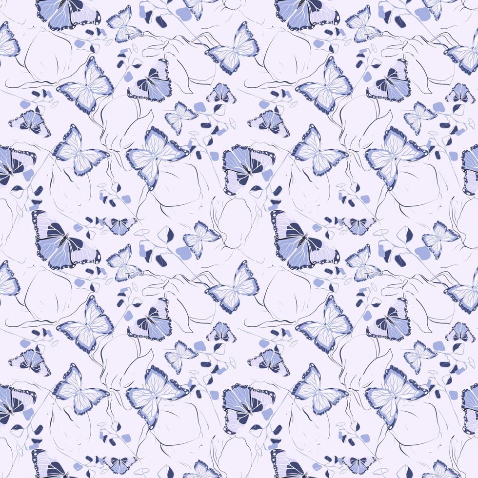 Seamless botanical pattern with purple butterflies, magnolia flowers, and eucalyptus branches on a violet background vector