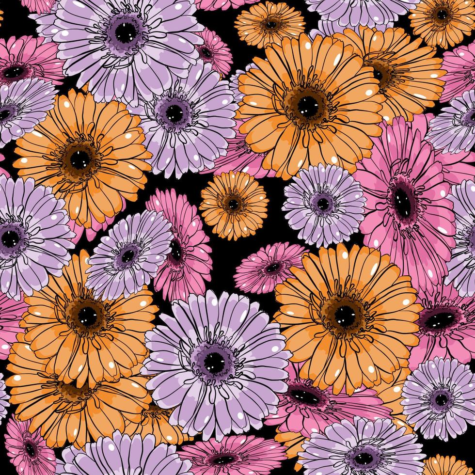 Seamless botanical pattern with gerbera daisy flowers on a black background vector