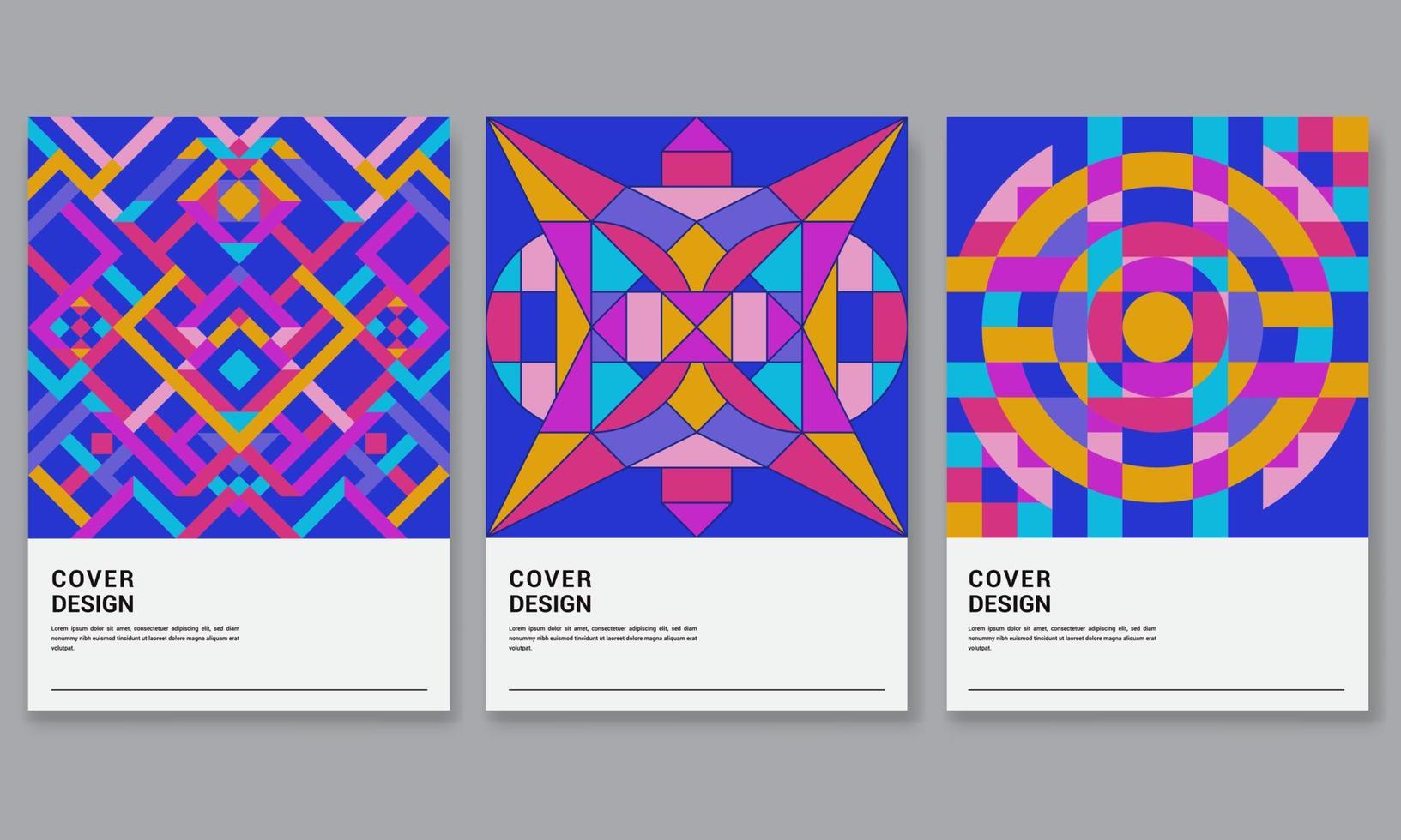 Set of three abstract retro style covers backgrounds with geometric shape. Applicable for Cover, Poster, Card Design and other print and web related items..Colorful geometrical shapes. Pro Vector