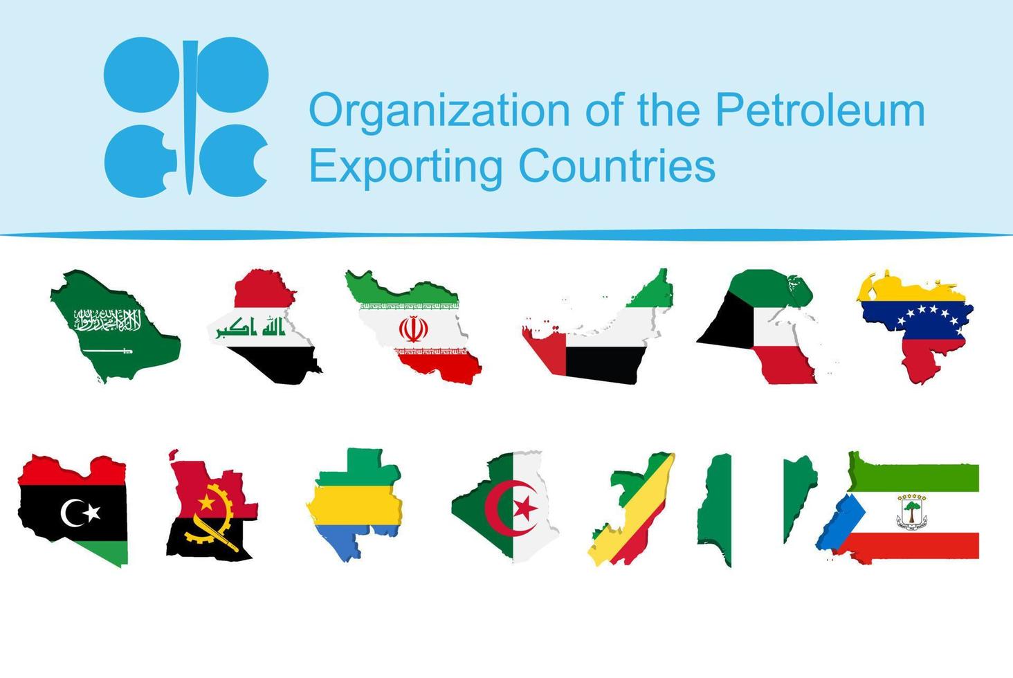 The national flags of the OPEC member countries are located below the logo of the Organization of the Petroleum Exporting Countries. Vector illustration