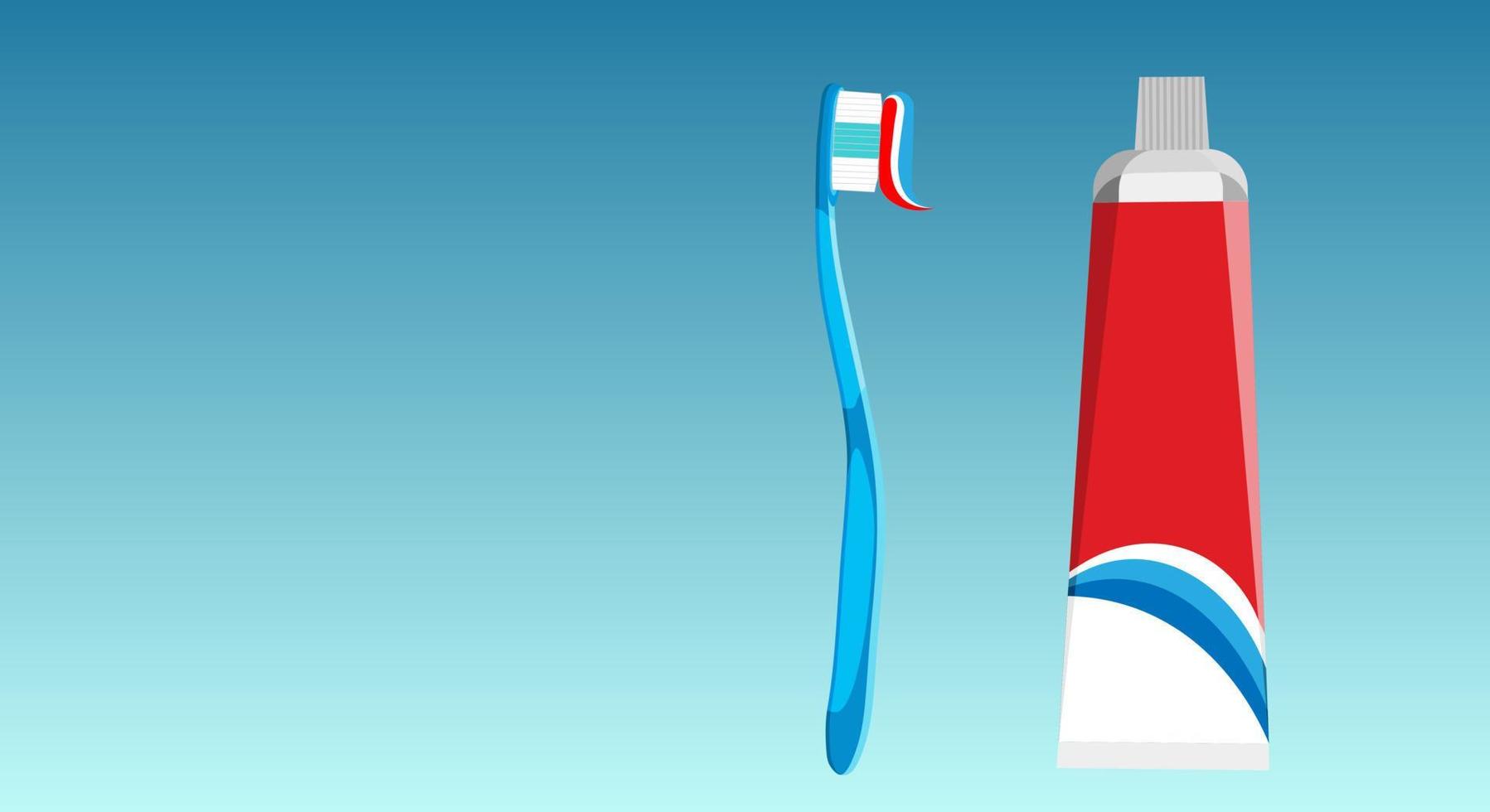 Blue toothbrush with colorful paste and toothpaste tube in red, blue and white colors on a light blue gradient background. Concept brush your teeth, mouth. Copy space. vector