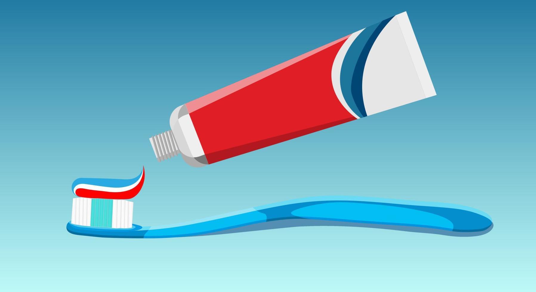 Blue toothbrush with colorful paste and toothpaste tube in red, blue and white colors on a light blue gradient background. Concept brush your teeth, mouth. Copy space. vector