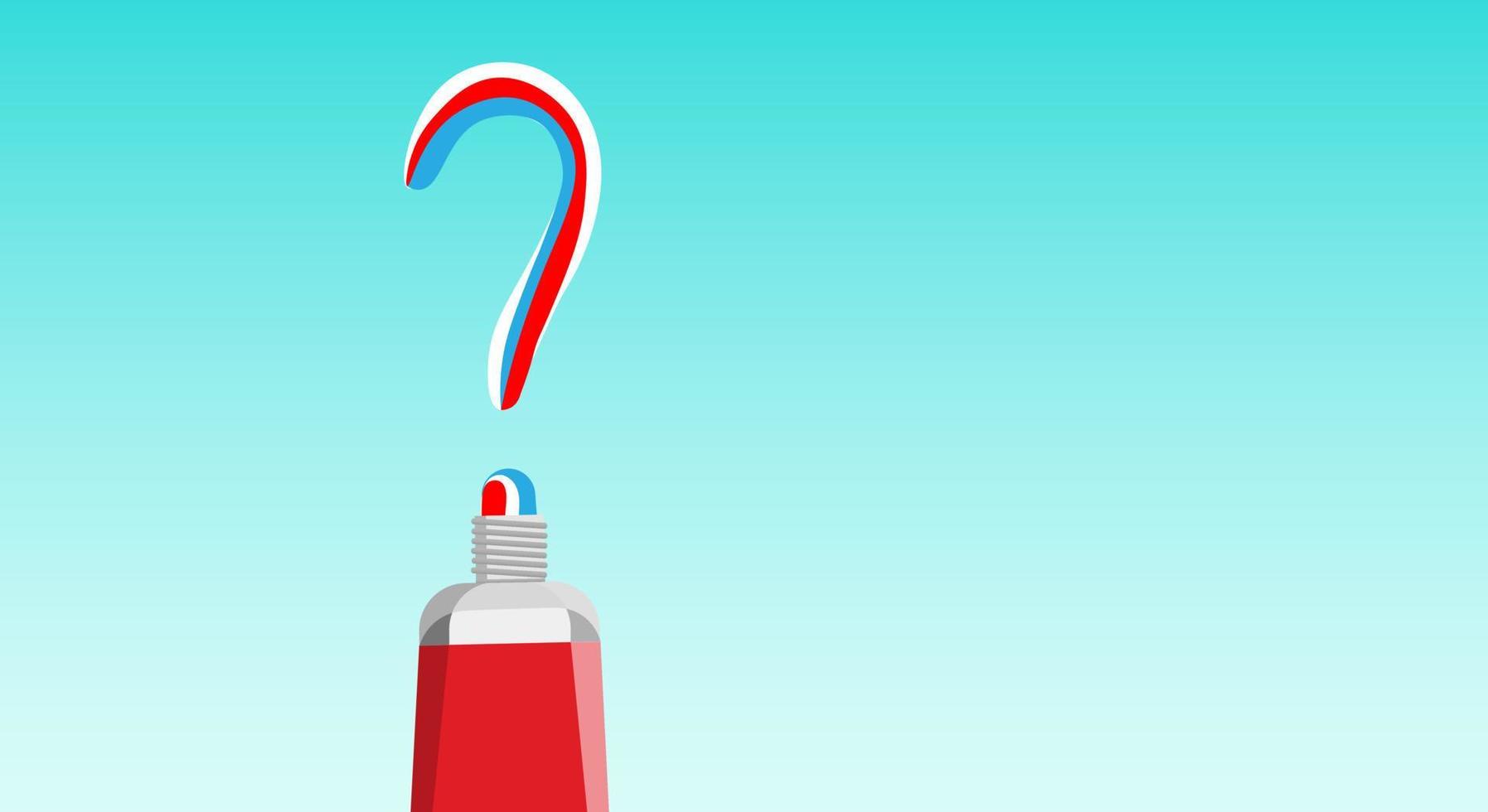 Colored tube of toothpaste with squeezed out, striped, multi-colored toothpaste for dental care in the shape of a question mark, on a blue gradient background. Copy space. vector