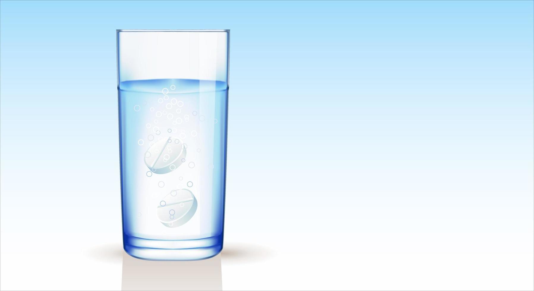 vidrio transparente con agua y tabletas instantáneas efervescentes con burbujas, fondo degradado azul. copie el espacio ilustración vectorial vector
