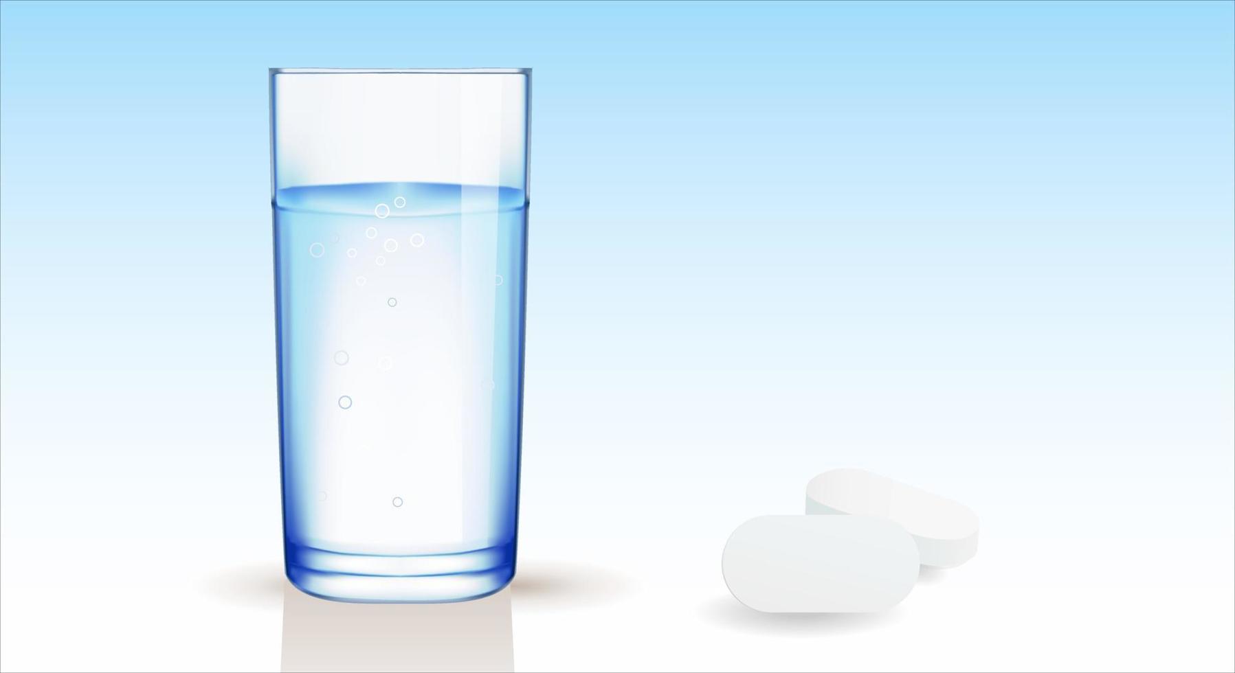 Transparent glass beaker with water and two white pills side by side, blue gradient background. Copy space. Vector illustration