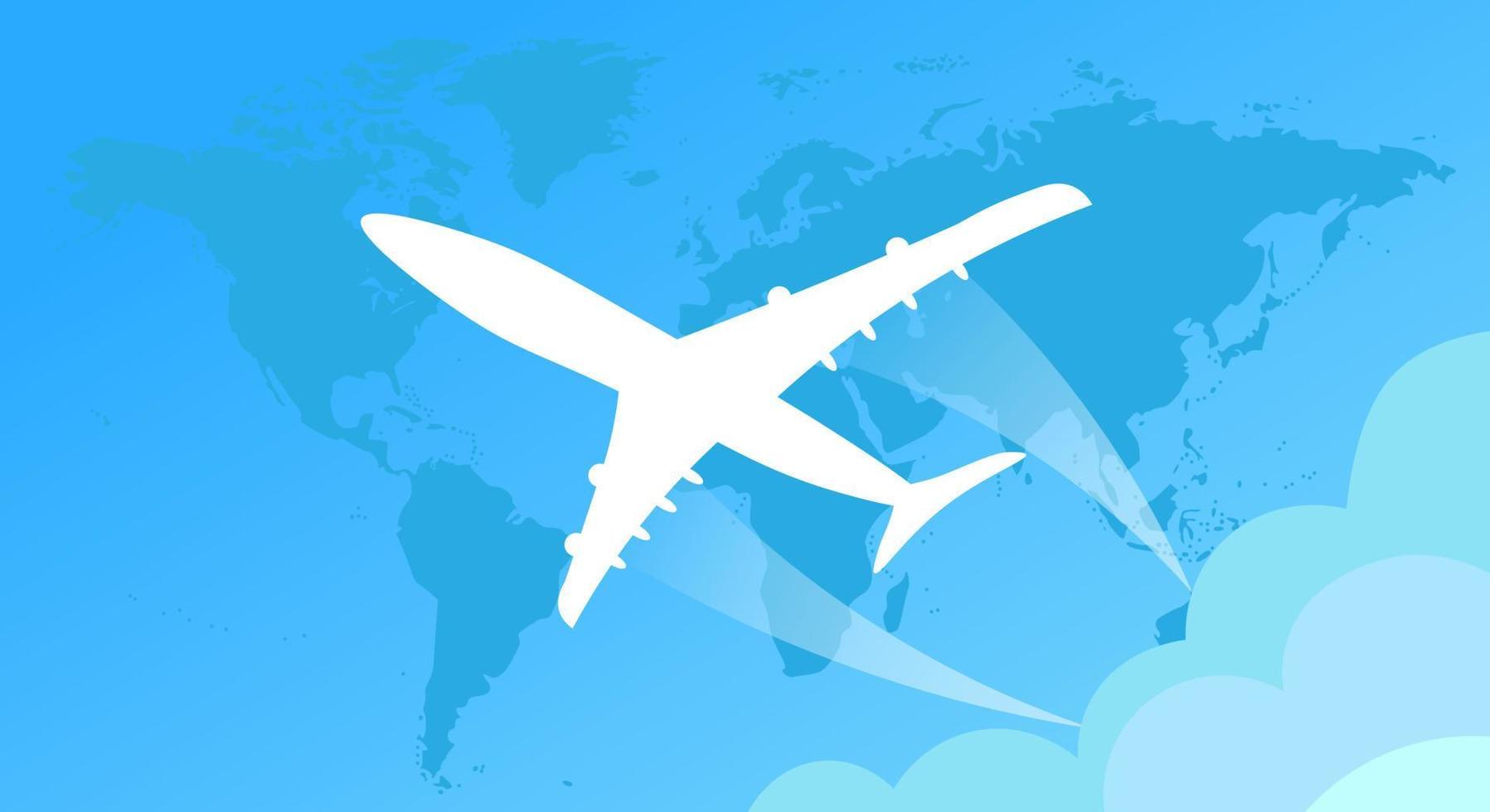 White passenger plane flies against the background of the world map, blue background. Air travel concept. Copy space. vector