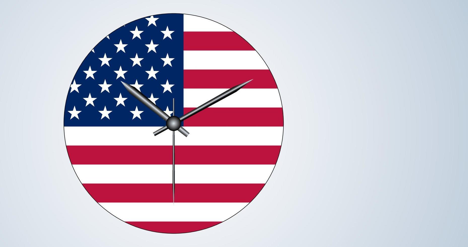 bandera americana en el dial de un reloj redondo con flechas. concepto de bienvenida, el mejor momento para visitar los estados unidos. copie el espacio vector