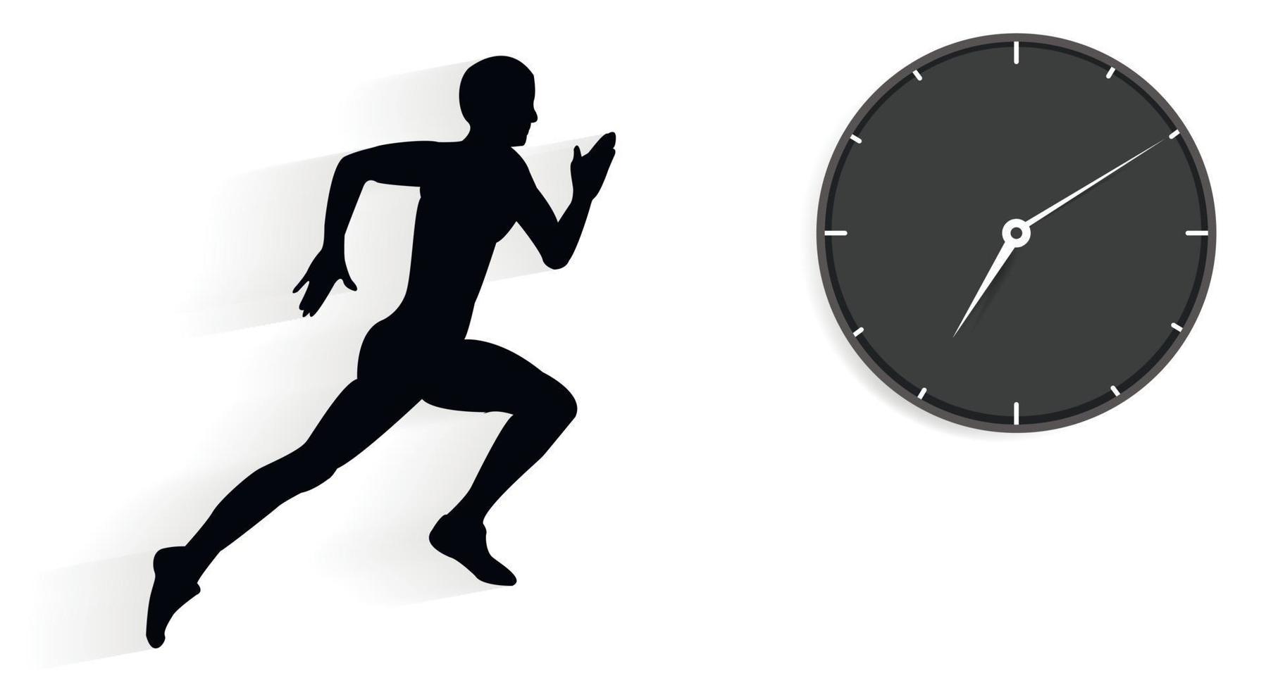 Be ahead of your time, a black silhouette of a running man and a black watch with a dial and hands on a white background. Copy space. Vector illustration