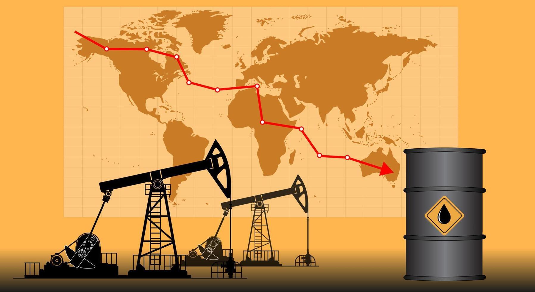 Oil price falls down, recession, banner with an arrow and oil rigs on the background of the world map. Vector illustration