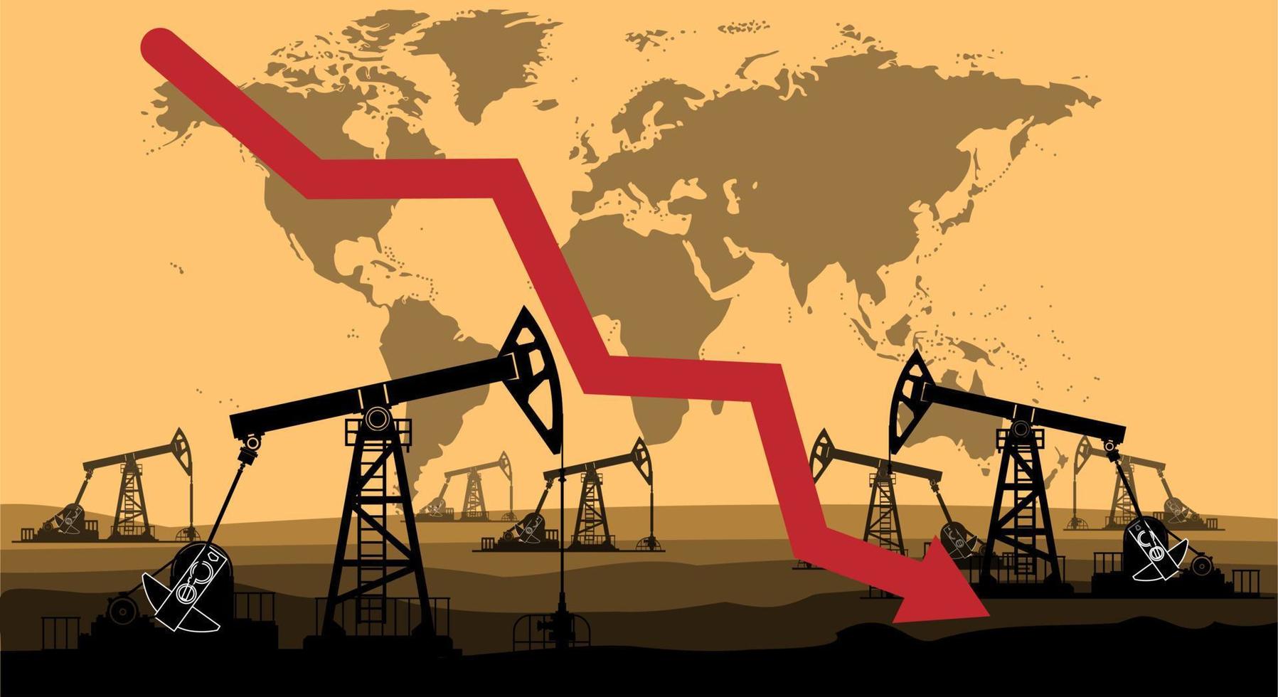 el precio del petróleo cae, la recesión, la pancarta con una flecha y las plataformas petrolíferas en el fondo del mapa mundial. ilustración vectorial vector
