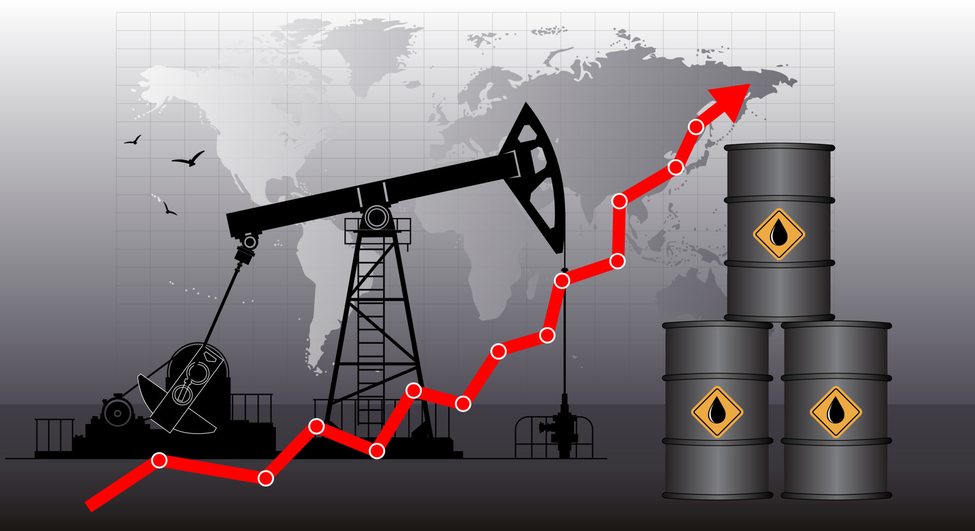 Graphic growth and oil rig. Oil quotes are growing. Oil production. Red