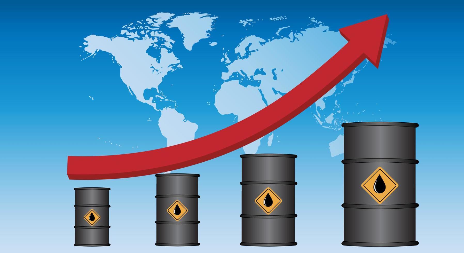 Oil price is rising, uptrend, banner with an arrow and oil barrels on the background of the world map. Vector illustration