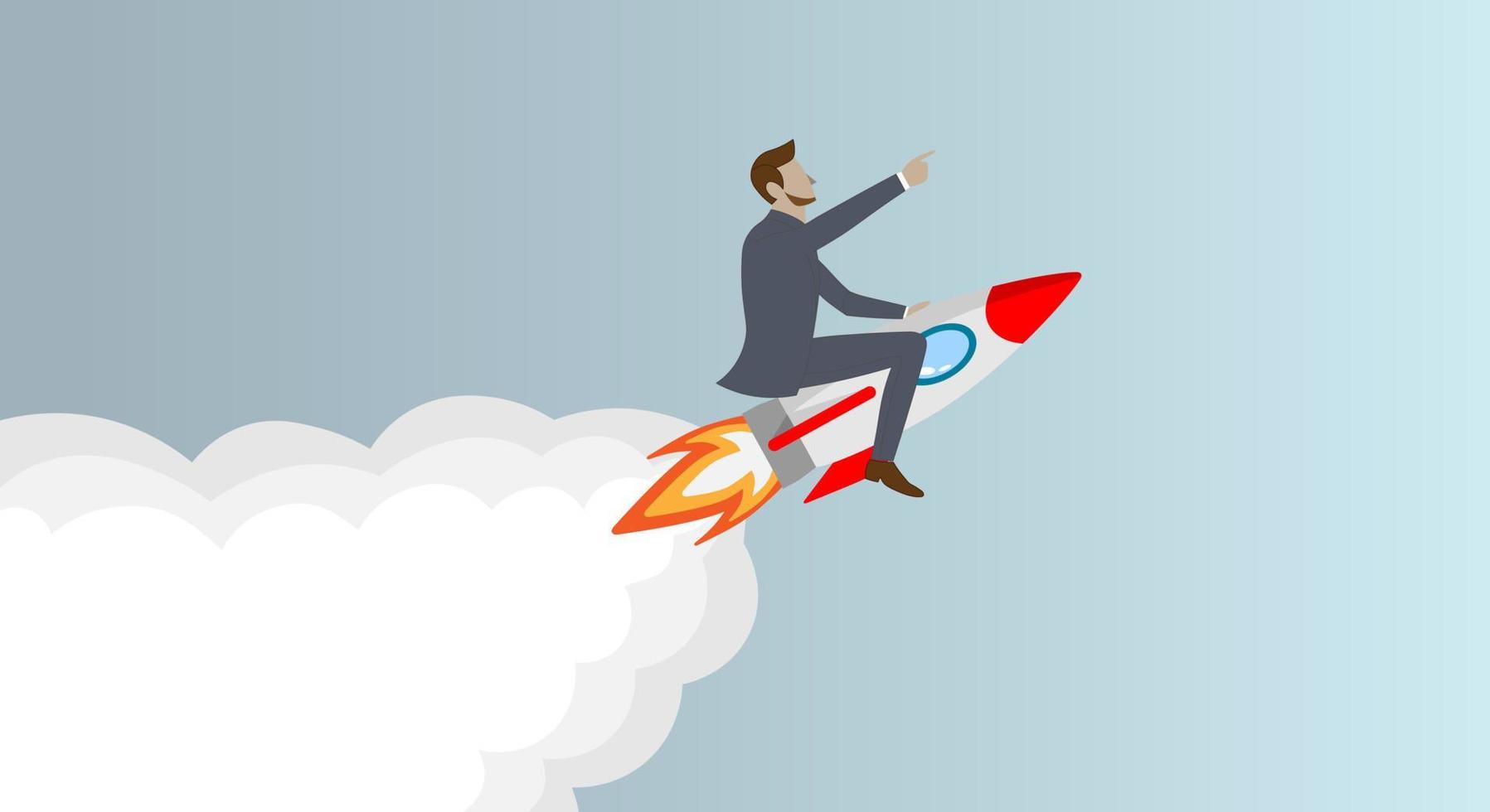 Successful happy businessman flying on rocket to goal. Leadership, start-up, growth and opportunity vector business cartoon concept. Vector illustration