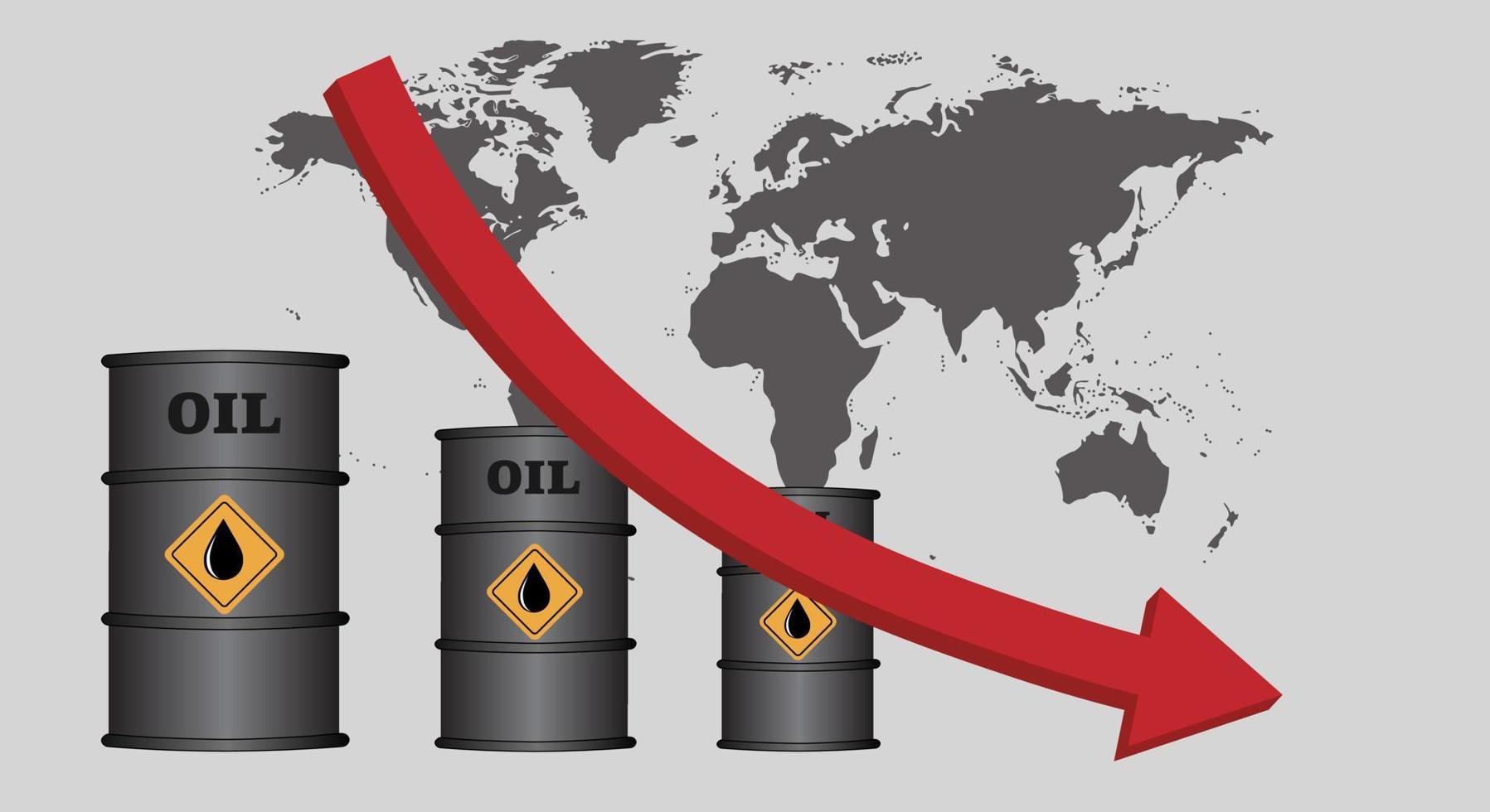 Oil price falls, recession, banner with arrow and oil barrels on the background of the world map. Vector illustration