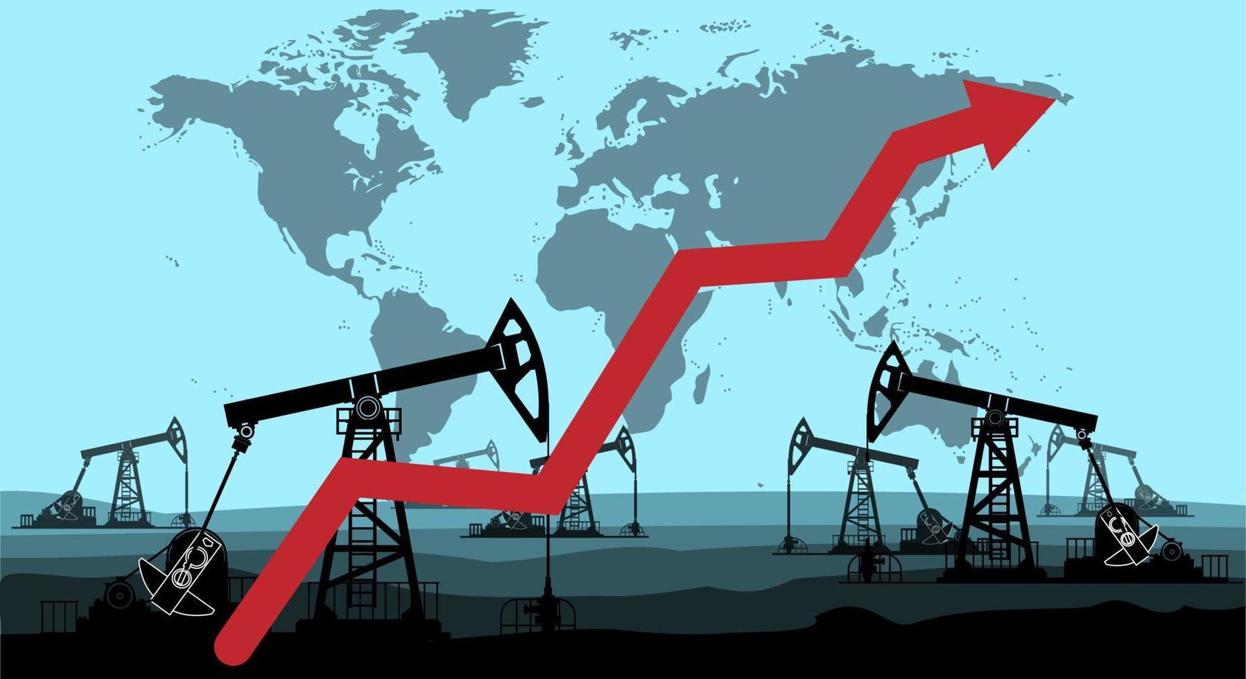 Graphic growth and oil rig. Oil quotes are growing. Oil production. Red arrow the rise in prices for petroleum products in the market. upward trend. Vector illustration