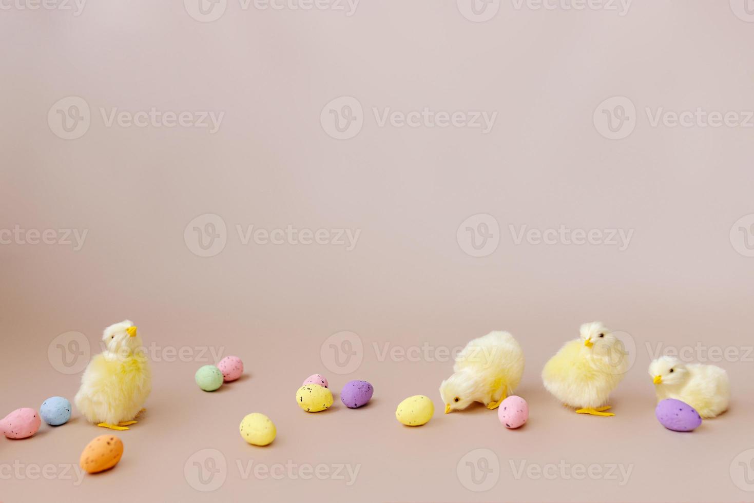 Easter background with easter chicks and eggs. Easter decor photo