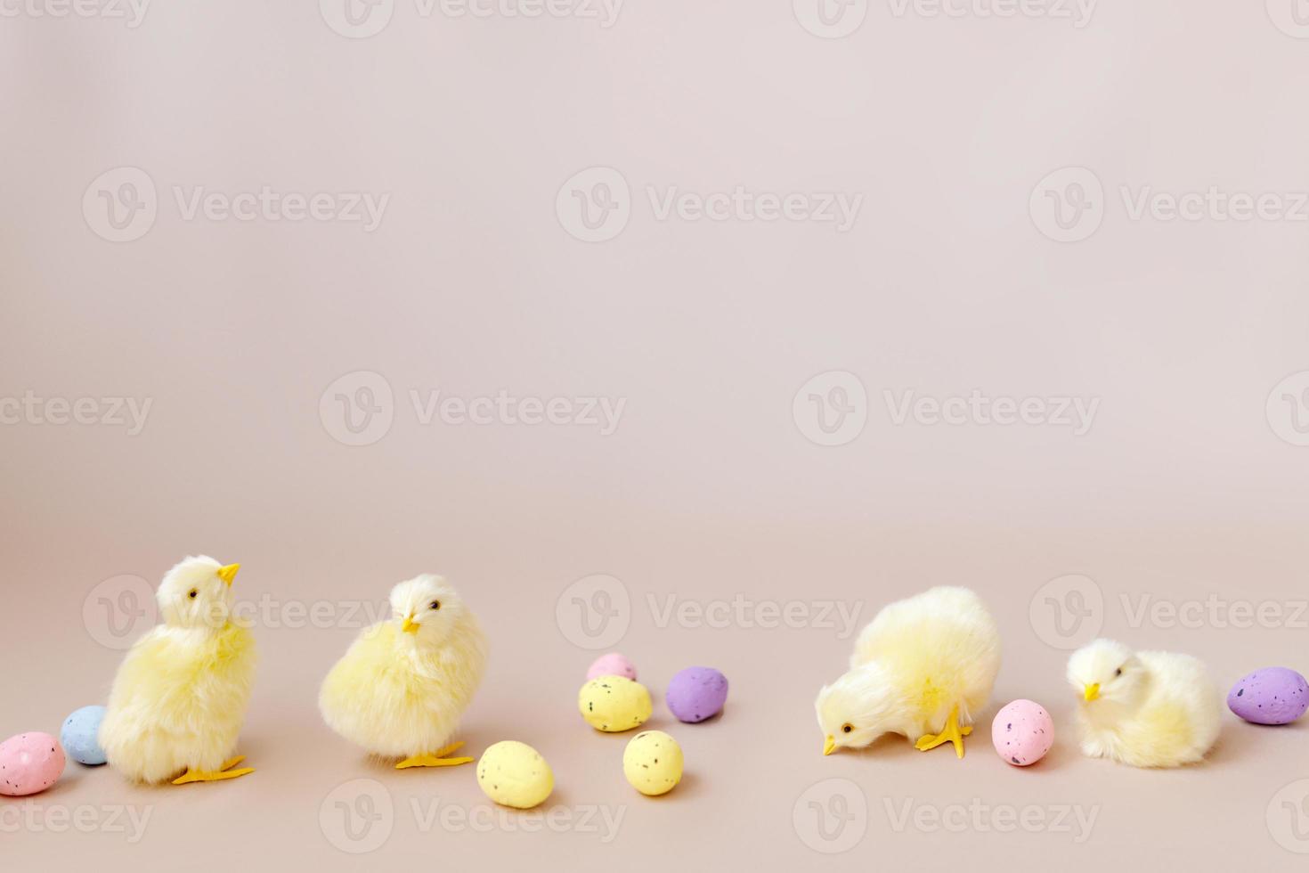 Easter background with easter chicks and eggs. Easter decor photo
