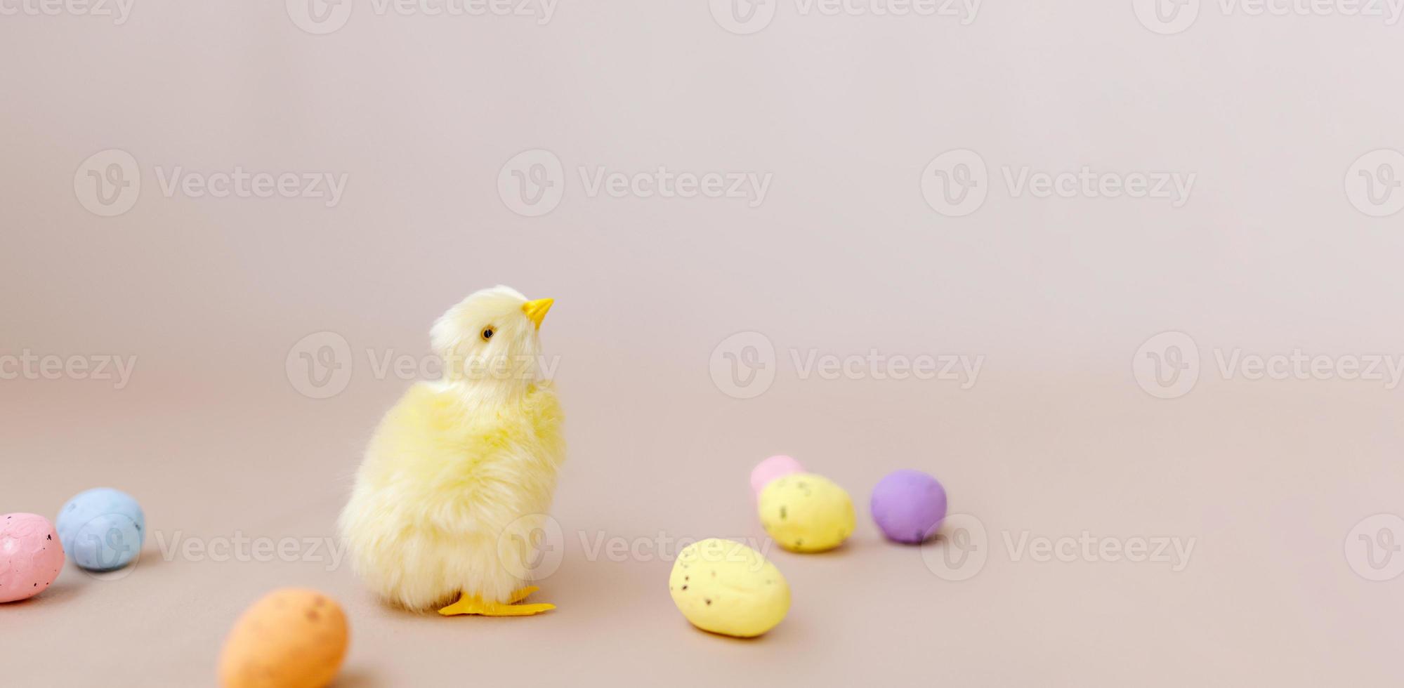 fondo de pascua con huevos y pollitos de pascua. decoración de pascua foto