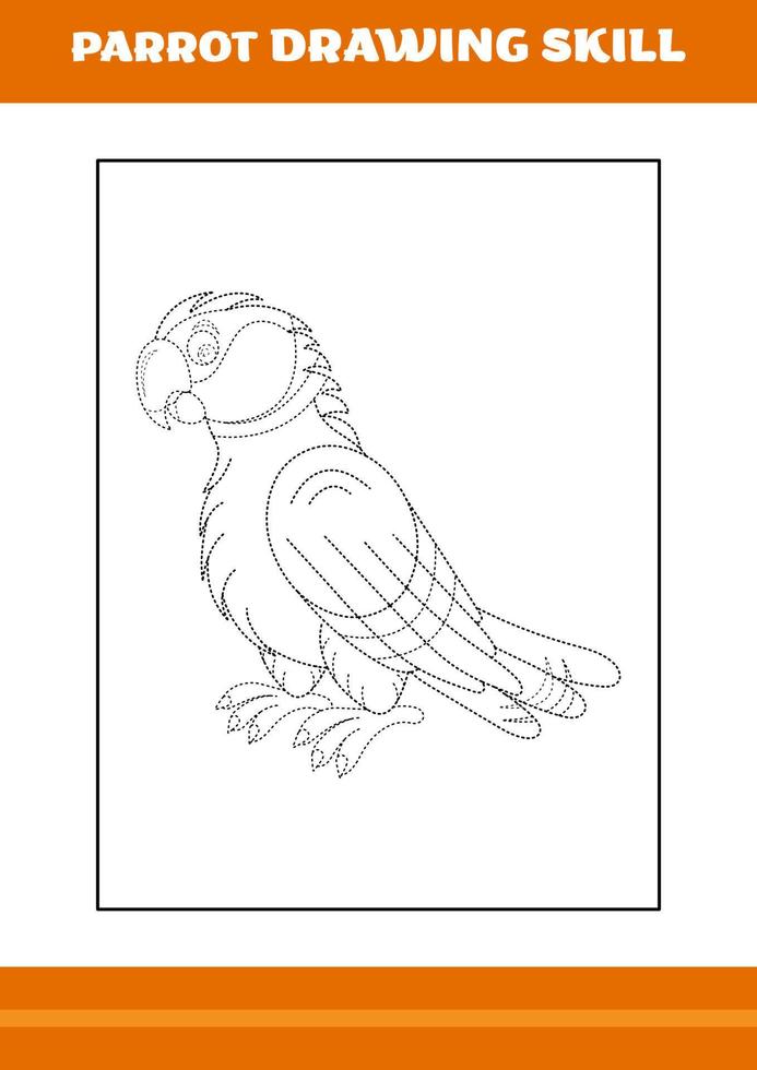 Habilidad de dibujo de loros para niños. diseño de arte lineal para niños página para colorear imprimible. vector