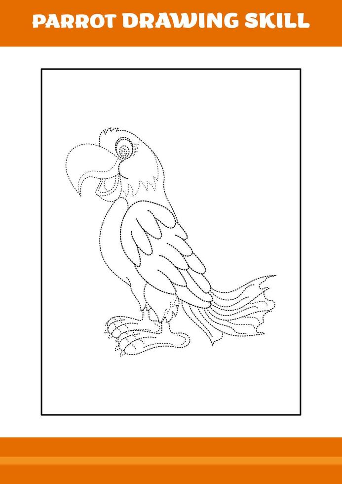 Habilidad de dibujo de loros para niños. diseño de arte lineal para niños página para colorear imprimible. vector