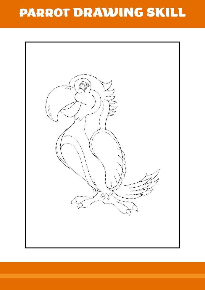 Habilidad de dibujo de loros para niños. diseño de arte lineal para niños página para colorear imprimible. vector