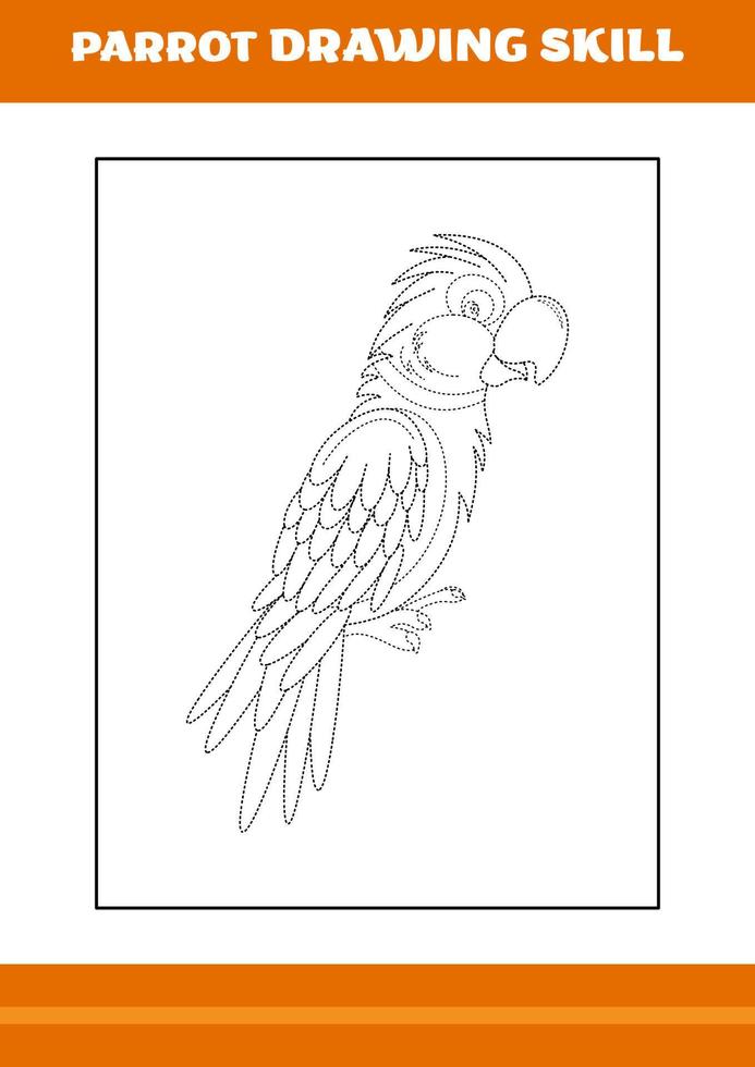 Habilidad de dibujo de loros para niños. diseño de arte lineal para niños página para colorear imprimible. vector