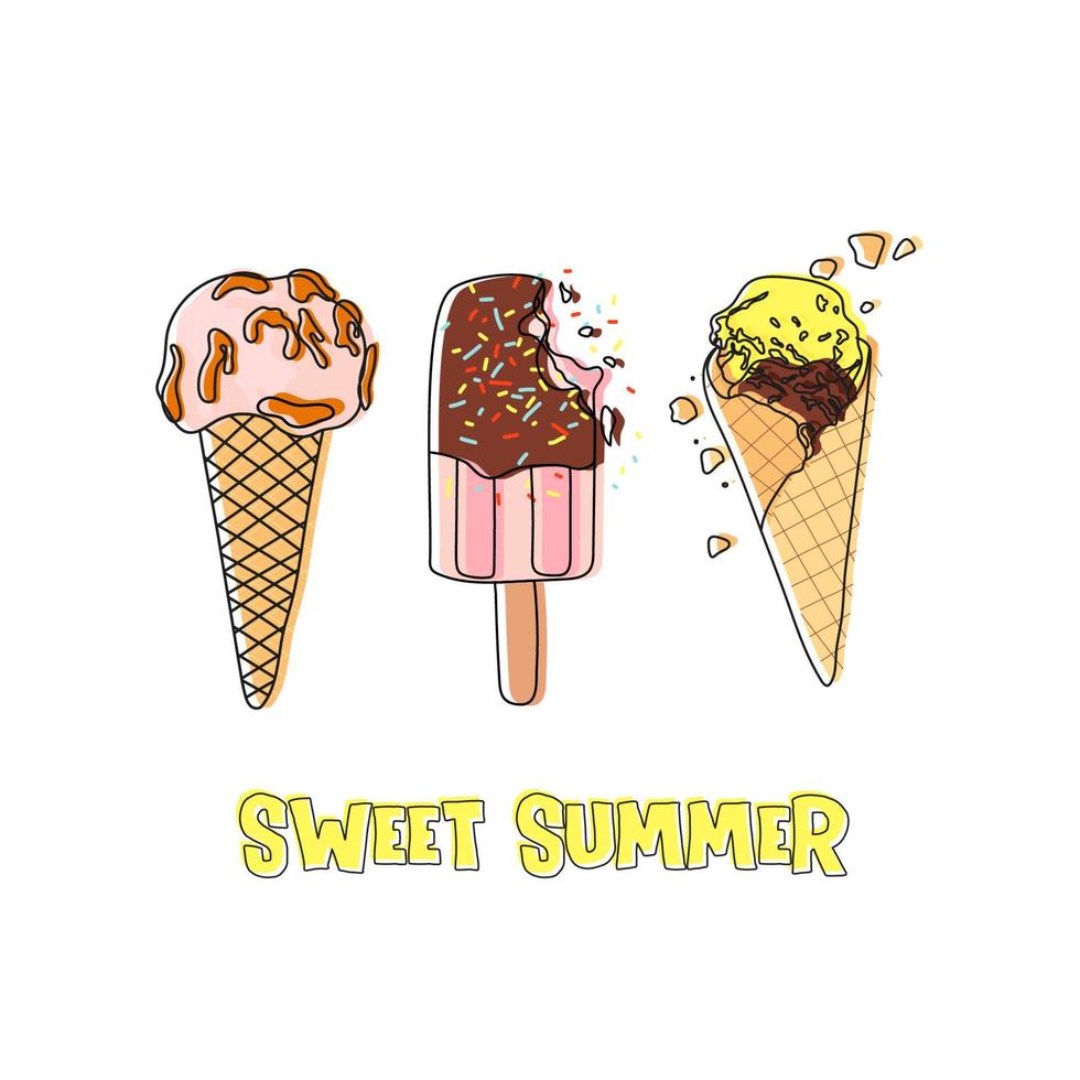 Vector greeting card with set of doodle ice cream. Set of cute creative card with ice cream. Hand Drawn. For birthday, party invitations.